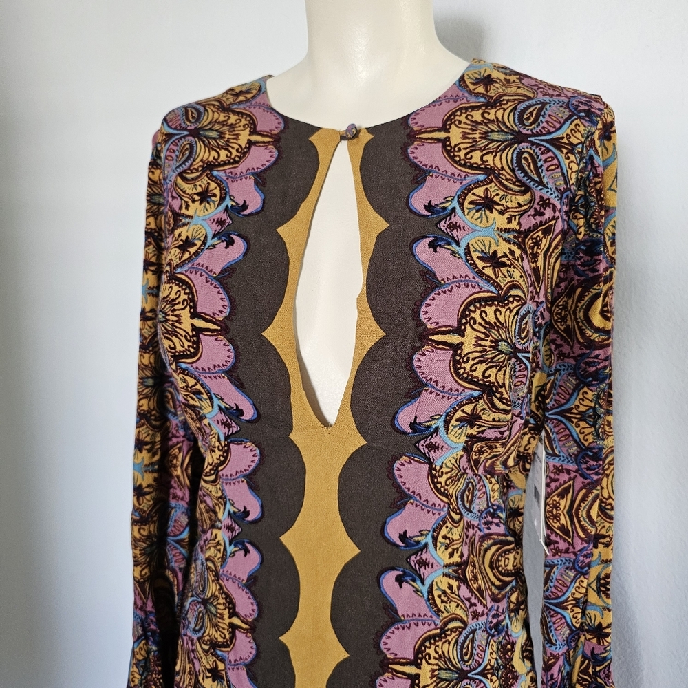NWT Free People Ossie Vibes Boho Paisley Hippie Bell Sleeve Mini Dress Size 2 - Picture 4 of 14
